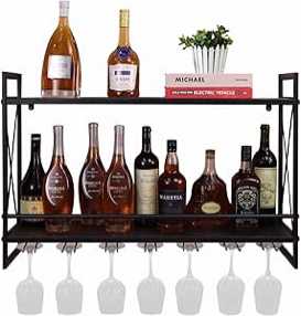 Industrial Wall Mounted Wine Racks, 31.5in Rustic Metal Multipurpose Shelves, 2-Tiers Wall Mount Hanging Wine Holder Wine Accessories, Bottle Holder Glass Rack Wall Shelf, Black