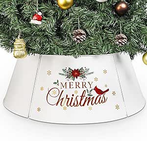putuo decor 27in metal christmas tree collar red, adjustable shiny christmas themed tree stand cover for 6-7.5 ft tree, farmhouse christmas ornaments for pencil | artificial | live trees fuchsia red
