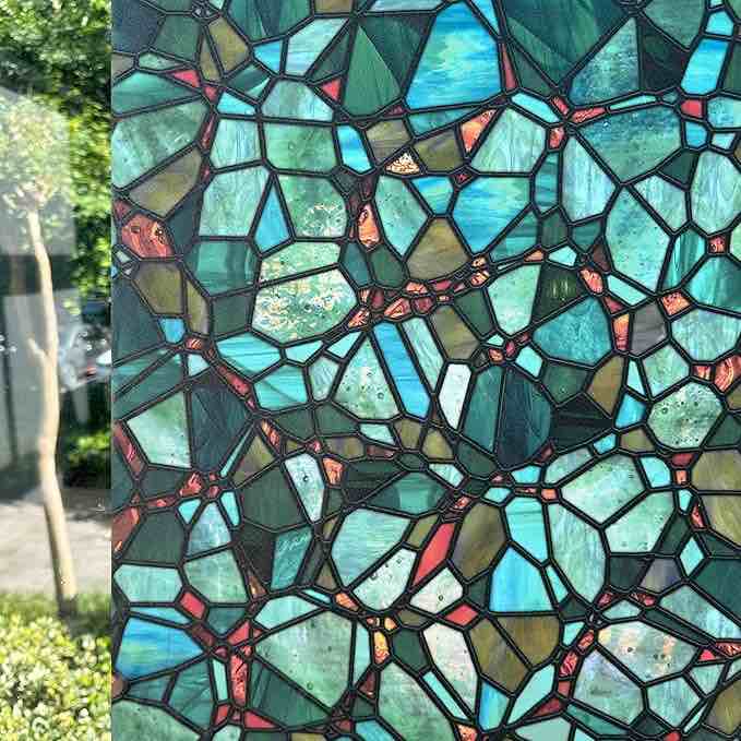 Stained Glass Privacy Window Film, Opaque Static Cling Door Window Film Decorative, Hand-Drawn Window Tint for Home UV Protection/Heat Insulation, Autumn Boho Cobblestones, 17.7" Wide