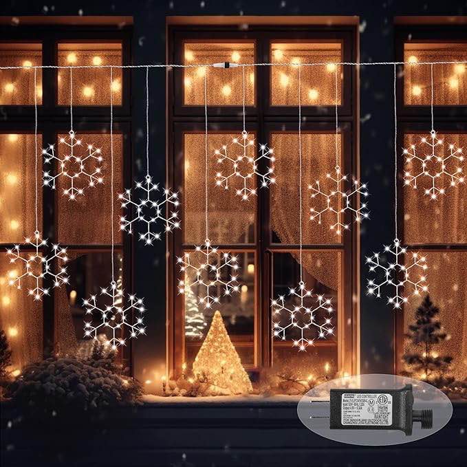 20 Pcs Large Snowflake Christmas String Lights 12 Inches LED Snowflake Window Lights with 8 Modes Hanging Snowflake Lights for Christmas Home Indoor Outdoor Decorations (White)