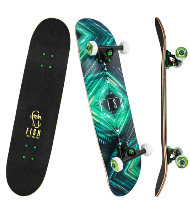 FISH SKATEBOARDS 8.0 Inch Complete Skateboard Diamond Green