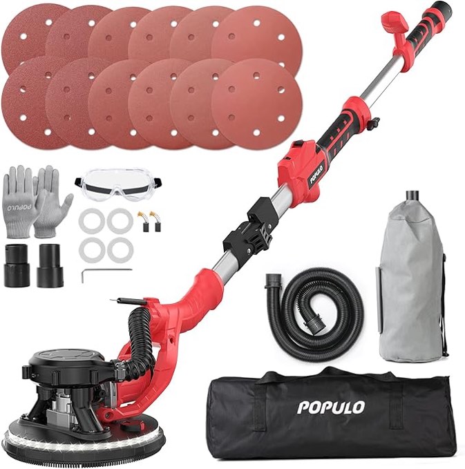 POPULO Electric Drywall Sander, 810W Power Drywall Sander with Vacuum Dust Collector, 6 Speed 1800RPM Wall Sander Popcorn Ceiling Removal Tool with 9'' Sanding Discs and Foldable Extendable Pole