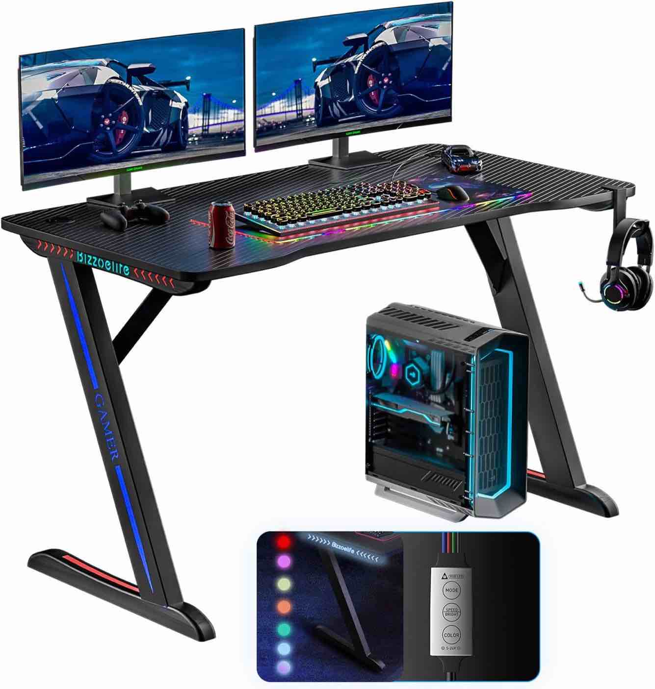 Ergonomic Gaming Desk, 47Inch Z Shaped Home Office PC Computer Table, Gamer Workstation with RGB LED Lights, Racing Style Game Tables with Headphone Hook & 2 Cable Management Holes