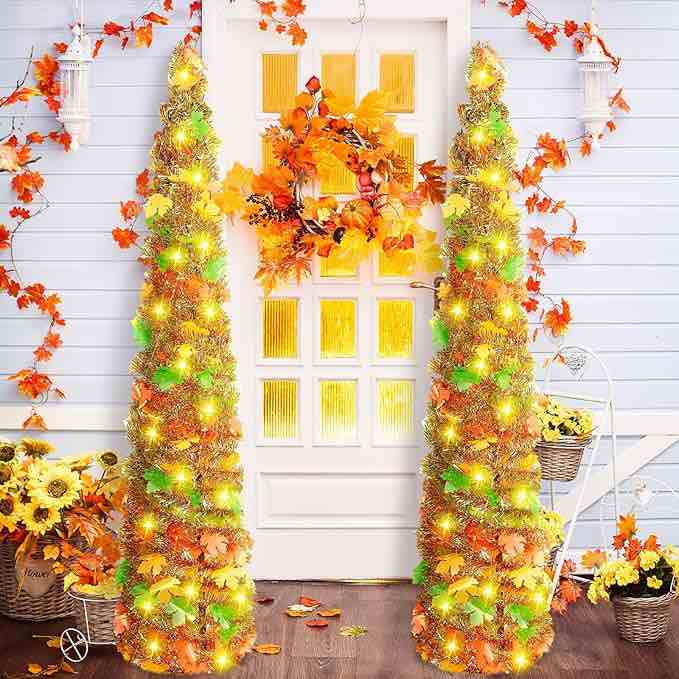 2 Pcs Lighted 5 ft Pop up Thanksgiving Artificial Fall Maple Tree with Light Artificial Maple Leaves Christmas Tree Collapsible Pencil Tinsel Trees for Fall Decoration Front Porch Fall Decor