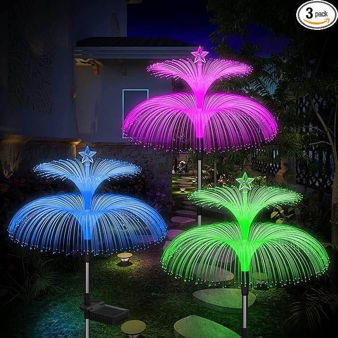 Solar Garden Lights 3 Pack New Upgraded Outdoor Waterproof 7 Color Changing double Jellyfish and Star Solar Flower Lights for Yard Decor,Outdoor Decor