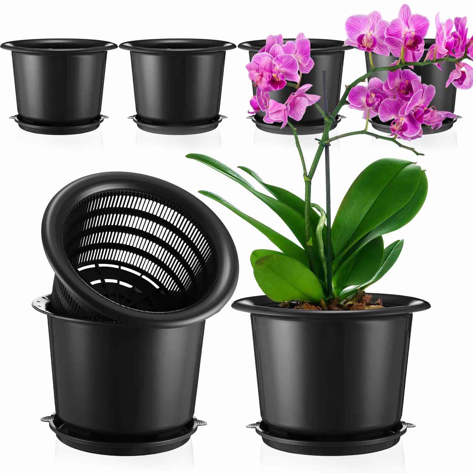 Remerry 6 Pcs Orchid Pots with Holes and Saucers, Double Layer Plastic Orchid Planter Pot Supplies with Drainage Plant Pots for Outdoor Indoor Plants Cactus Succulents Herbs (Black,8 Inch)