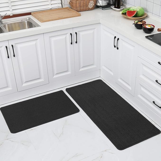 COSY HOMEER 20x30 Inch/20X48 Inch Kitchen Rug Mats Made of 100% Polypropylene Strip TPR Backing 2 Pieces Soft Kitchen Mat Specialized in Anti Slippery and Machine Washable,Black 20"x30"+ 20"X48" Black