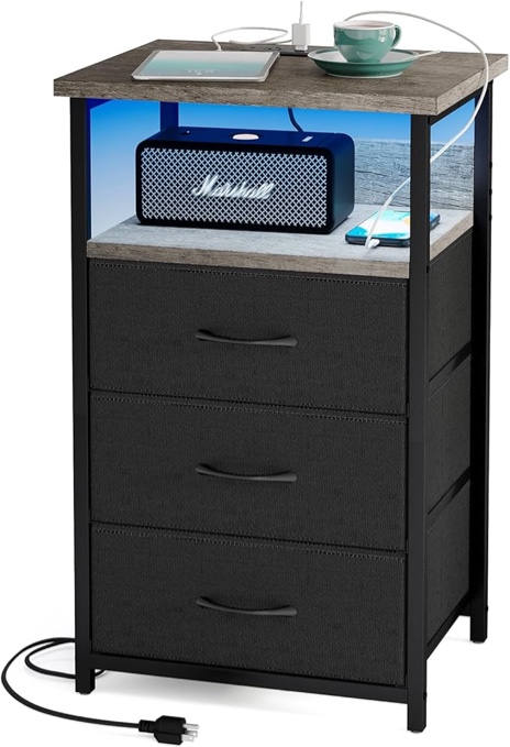 Fixwal Night Stand with Charging Station, LED Nightstand with Fabric Drawers, End Table with PU Finish, Bed Side Table, Charcoal Grey 
