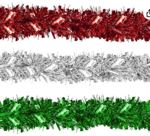 3 pcs 198 ft christmas tinsel garland (red, green, silver)