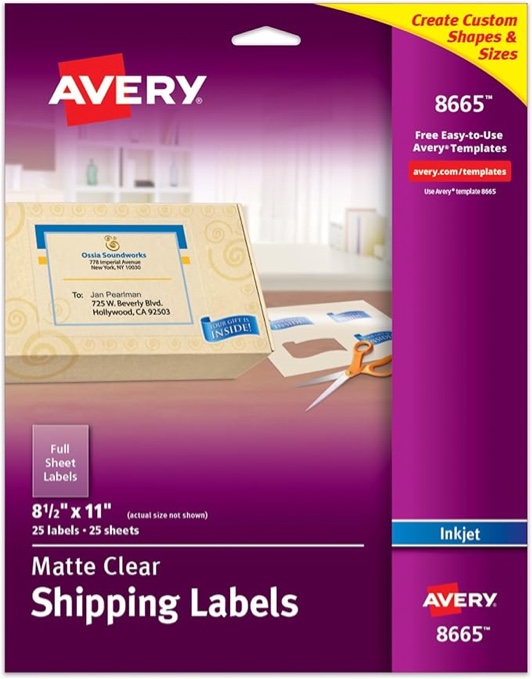 Avery Matte Frosted Clear Full Sheet Labels for Inkjet Printers, 8.5" x 11", 25 Labels (8665)