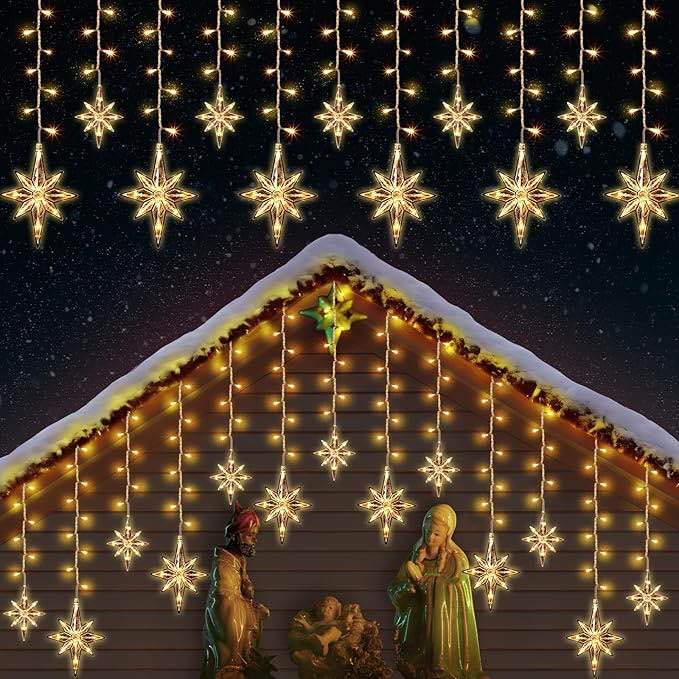 Enhon Christmas Snowflake Icicle String Light Outdoor, 11.5FT 175 LED Large Hanging Snowflake Icicle Window Curtain Fairy Outdoor Light with 8 Lighting Modes for Christmas Decoration (Bethlehem Star)
