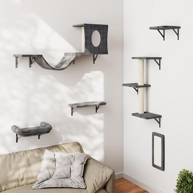 Cat Wall Furniture, 6pc Wall Mounted Cat Furniture, DIY Cat Wall Shelves for Indoor Wall Furniture Set with Cat House, Bridge, Tree, Steps, and Scratcher - Dark