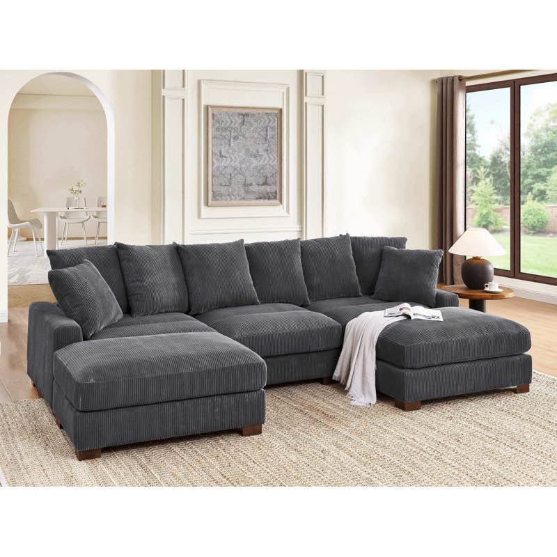 ( incomplete only 1 box ) 5-Pieces Corduroy Sectional With Wooden Legs And Headrests