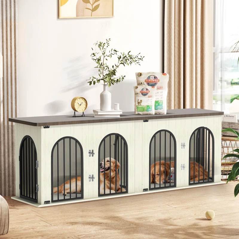 Heavy Duty Dog Crate Furniture Indoor, 71" Large Furniture Style Wooden Dog Cage with Divider, XXL Indoor Dog Kennel TV Stand End Table with Cushion 4 Curved Doors