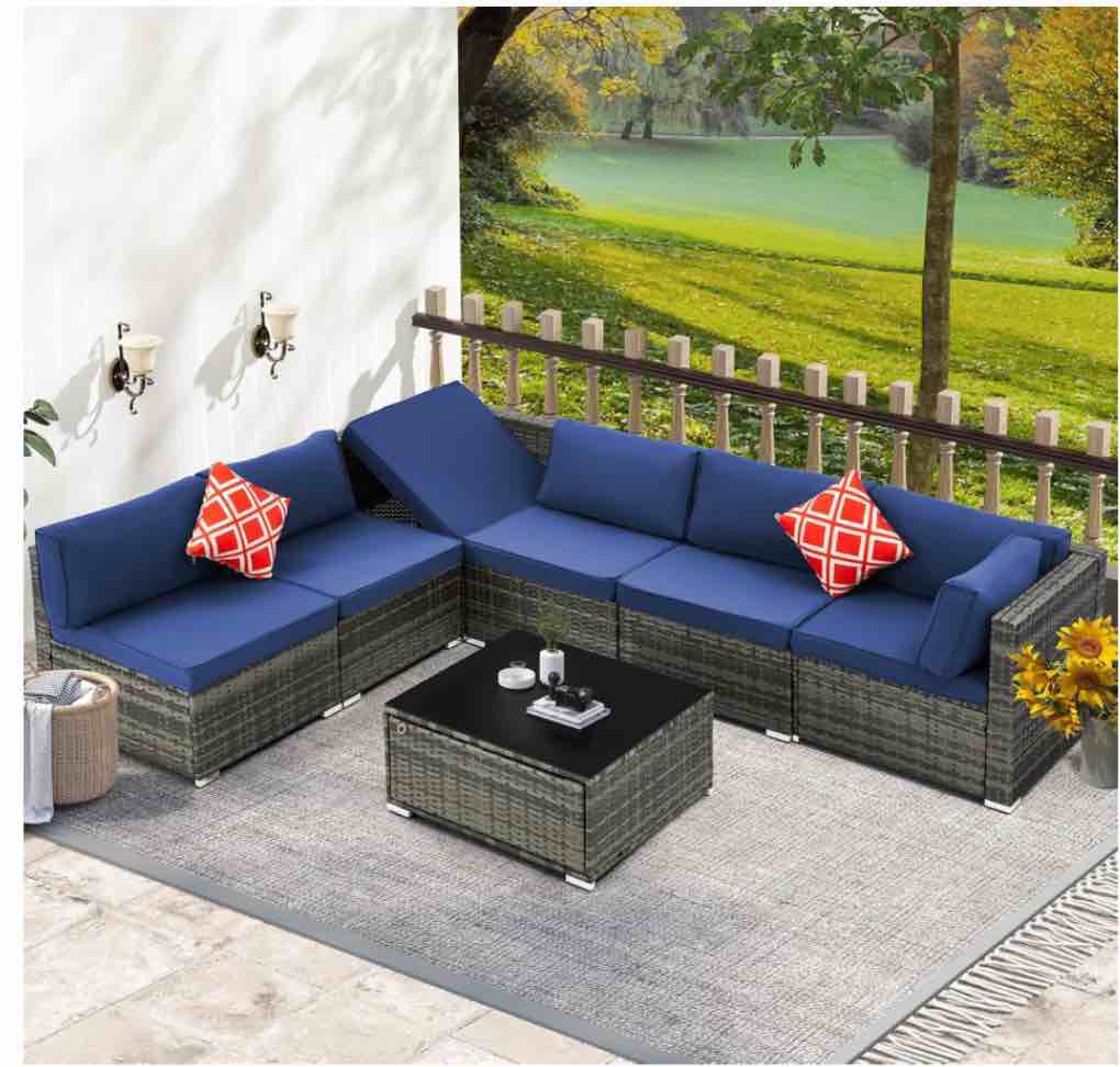 Piece Patio Furniture Set with Adjustable Bracket Wicker Rattan Patio Conversation Sets Outdoor Sectional Sofa Set with Wood Table and Cushions for Porch Lawn Garden, Navy Blue (Incomplete Box 1/2 )