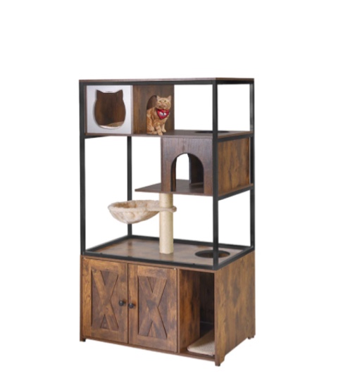 Aivituvin-AIR102 Wooden 3-Story Cat Condo with Litter Box Enclosure| Strong Iron Frame - Light Gray