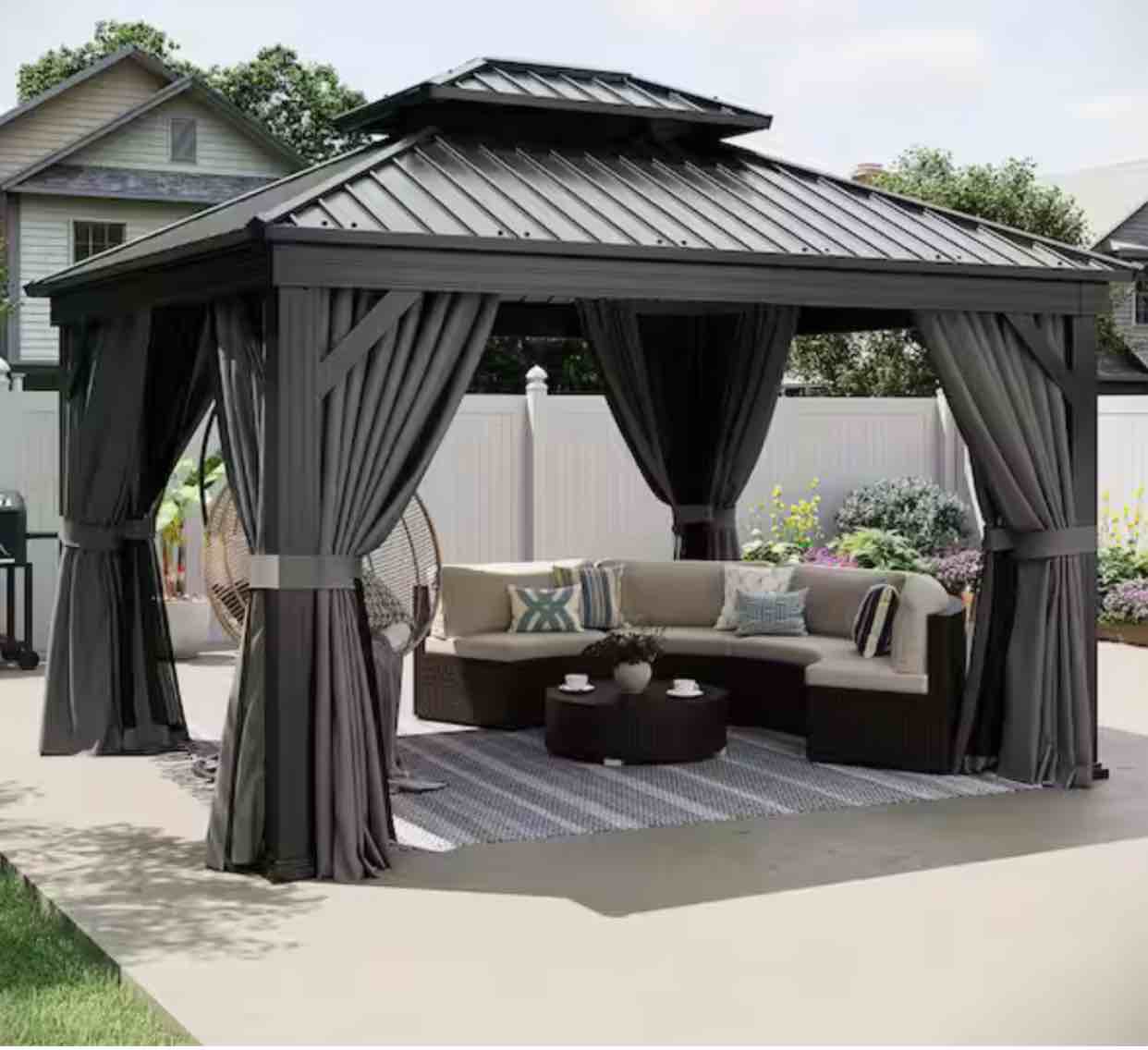 12 ft. W x 10 ft. D Galvanized Steel Roof Gazebo with Aluminum Rectangular Column, Ceiling Hook, Curtains and Netting (Incomplete, Box 1/2 )
