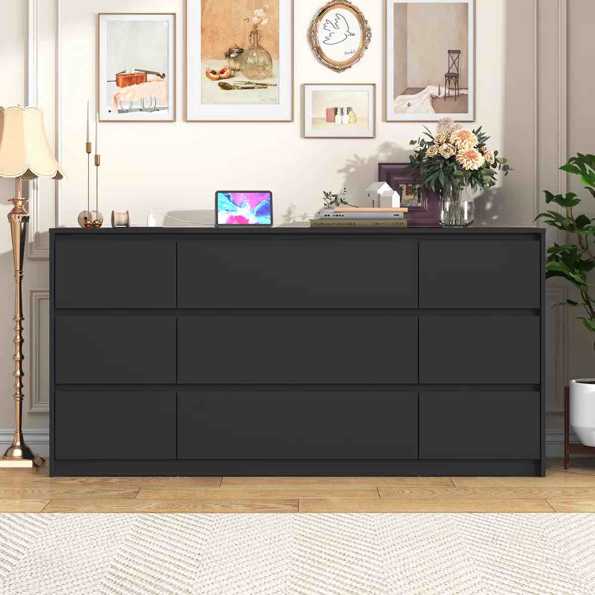 9 - Drawer 63.1" Dresser With 2 Sockets, 2 USB Ports And 1 Fast-Charging Type-C Port
