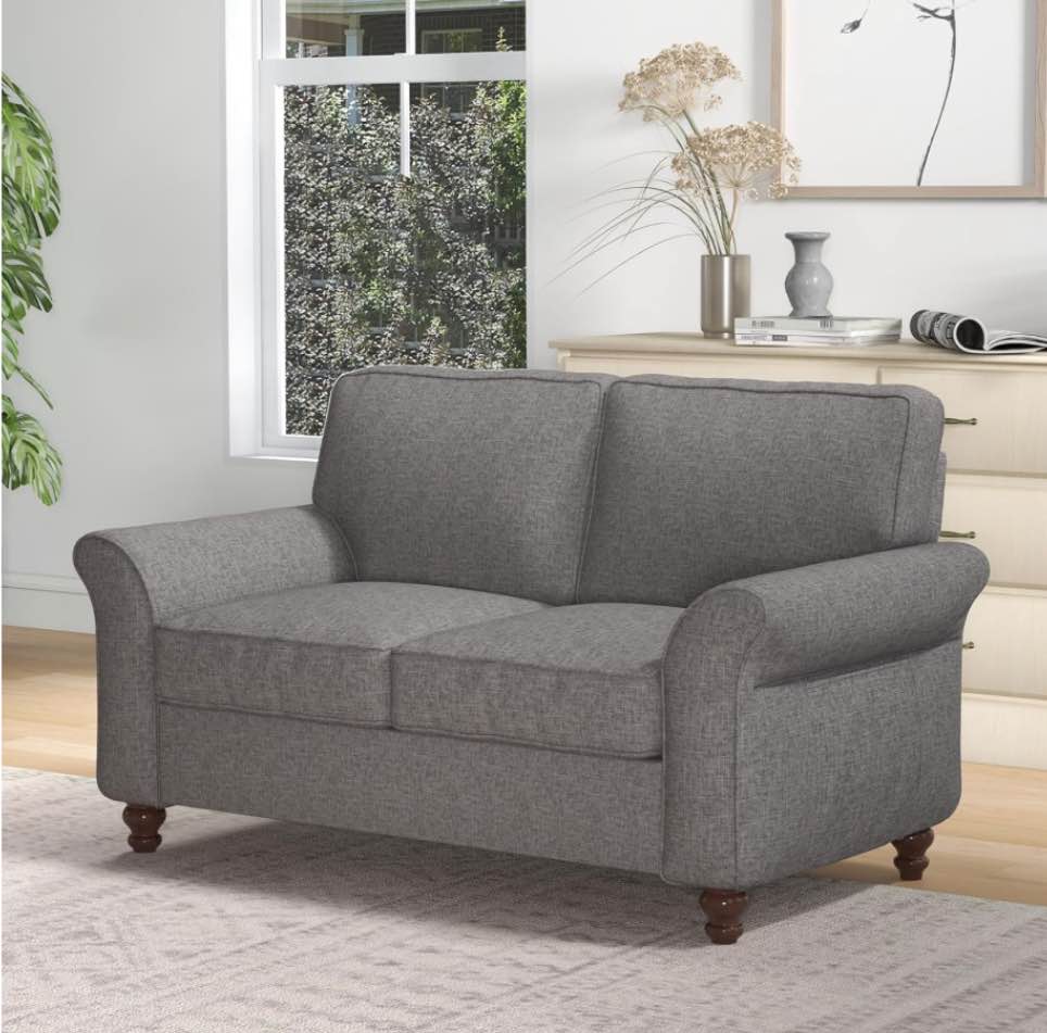 Modern Linen Fabric Loveseat Sofa, Upholstered 2-seat Sofa Couch Wood Frame and Sturdy Legs for Living Room Bedroom Office, Grey (Incomplete, Box 2/2 )