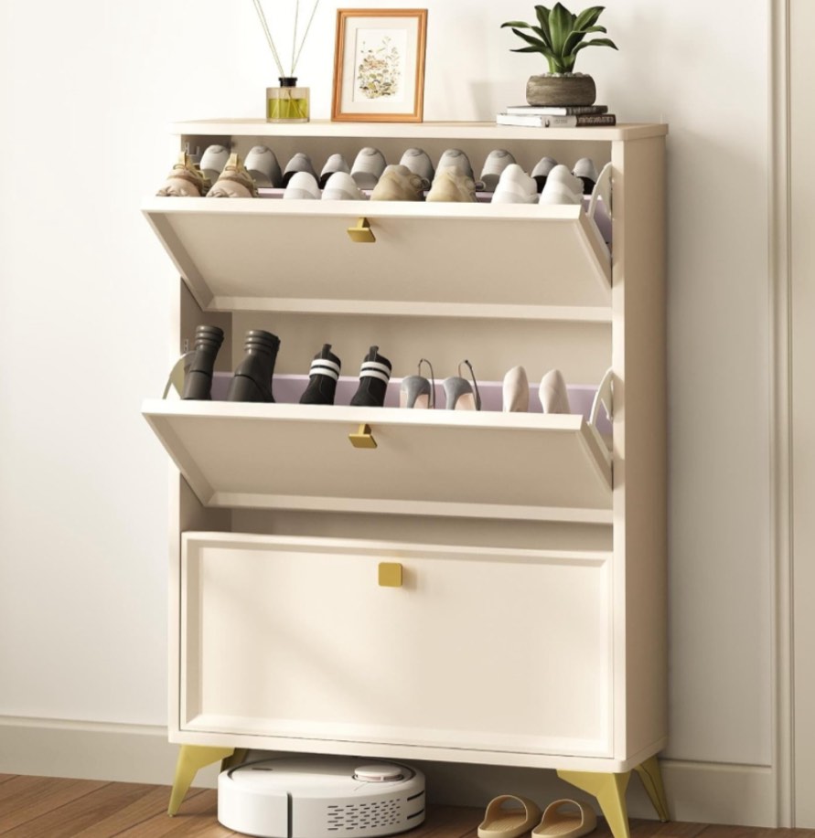 Shoe Storage Cabinet with 3 Flip Drawers, Shoe Rack Cabinet with 3-Tier Removable Shelves and Golde Handles, Freestanding Shoe Organizer with Metal Legs for Entryway, 9.6 x 31.5 x 46.5 Inches