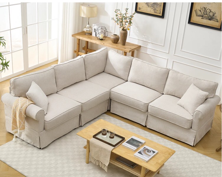 (Incomplete) Modular Sectional Sofa Set Convertible L - Shaped 5 - Seat Reversible Rolled Arms Soft Linen Body Fabric: Beige Fabric