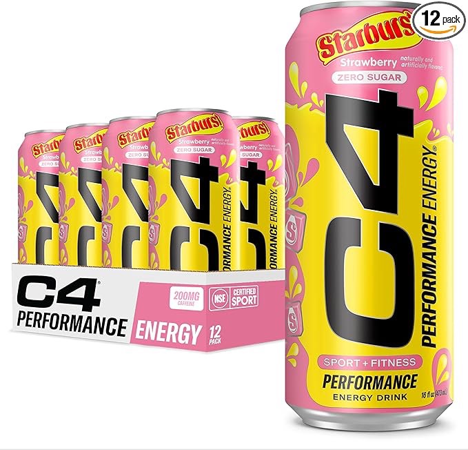 C4 Energy Drink Starburst Strawberry Sugar Free Carbonated Pre Workout Drink 16 oz 12 pack (( Exp.Date 03/2026))