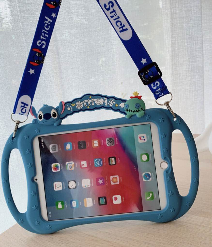 for iPad 9th/8th/7th Generation Case 10.2 Inch - Cute Kawaii Cover Girly 3D Cartoon Teen with Rotating Stand & Strap Blue Soft Silicone Cases for iPad 7/8/9 Gen 2021 2020 2019