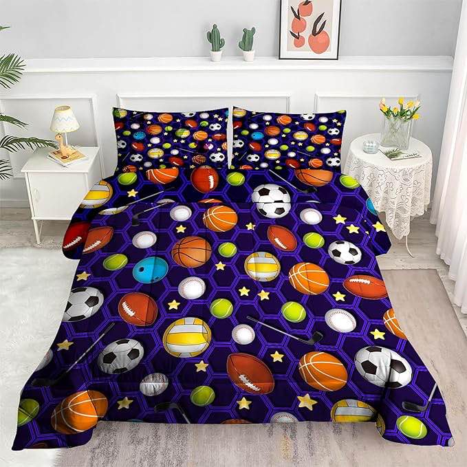Sports Comforter Sets for Boys: Queen Size Bedding Set for Kids Teens Boys 3D Baseball Soccer Basketball Bedding Football Quilt Bed Set 1 Comforter & 1 Pillow Case