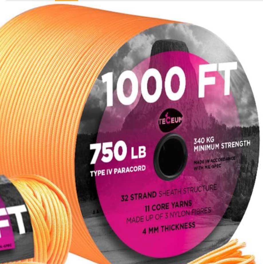 Teceum Paracord Rope 750Lb 1000Ft, Tactical Parachute Cord Orange