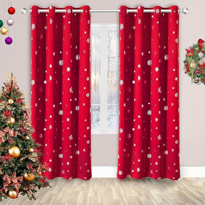 LORDTEX Snowflake Foil Print Christmas Curtains for Living Room and Bedroom - Thermal Insulated Blackout Curtains, Noise Reducing Window Drapes, 52 x 84 Inches Long, Red, Set of 2 Curtain Panels