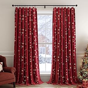 Dlordtek Red Christmas Velvet Blackout Curtains for Bedroom, Thermal Insulated Gold on Burgundy Snowflake Curtains for Living Room, Room Darkening Winter Drapes Rod Pocket 2 Panels (Unknown Size)