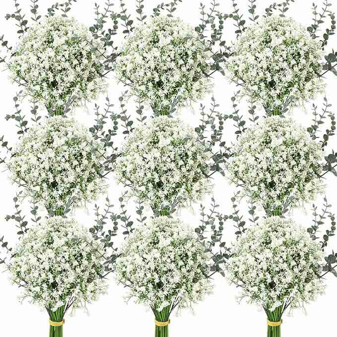 Retrowavy 250 Pcs Babys Breath Artificial Flowers Bulk Babys Breath Flowers Gypsophila Flowers Bouquets with Faux Eucalyptus Stems Leaves for Wedding Bouquet Party Filler Home Decor