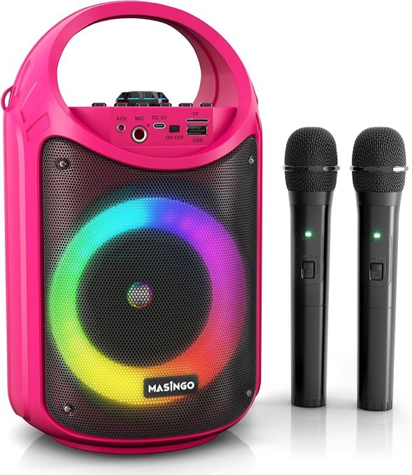 MASINGO Karaoke Machine for Kids and Adults with 1 Wireless Karaoke Microphone and 1 Wired Mic, PA Portable Speaker with LED Lights, Supports TF Card/USB, AUX/MIC in, TWS for Home Party, Burletta C10