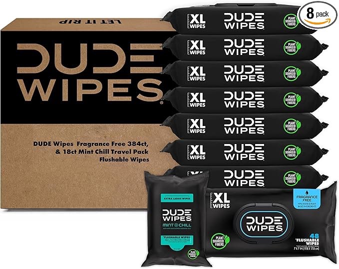 DUDE Wipes - Flushable Wipes - Unscented 12 Pack + Mint Travel Pack, 402 Wipes - Extra Large Dispenser Wet Wipes with Vitamin E & Aloe For Men - Septic and Sewer Safe