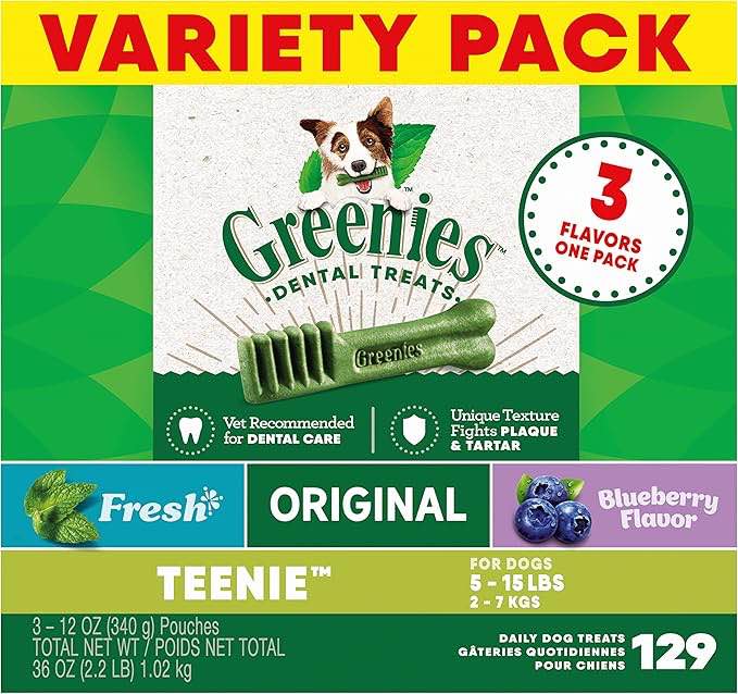 ((BB: 01/2025)) Greenies Teenie Natural Dog Dental Care Chews Oral Health Dog Treats 3-Flavor Variety Pack, (3) 12 oz. Pouches, 129 Total Treats