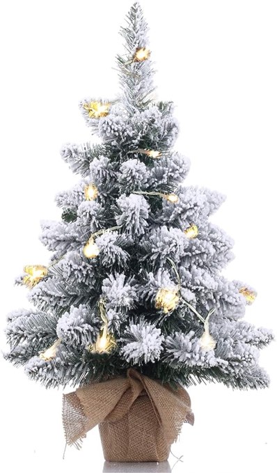 Pre-Lit Artificial Mini Christmas Tree,20 Inch Snow Flocked Artificial Pine Xmas Tree with 40 LED Lights,70 Branch Tips,Desktop Christmas Tree Burlap Base-(50cm)