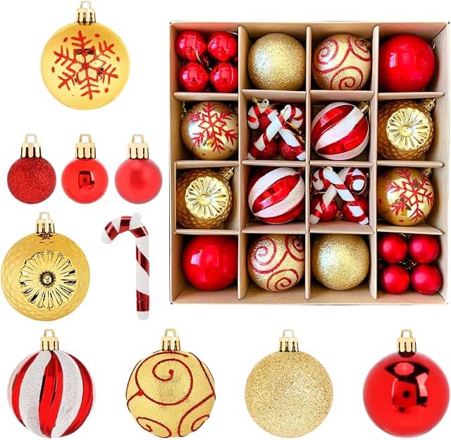 alupssuc 128pcs christmas balls ornaments set, shatterproof plastic baubles christmas flowers, ribbon and tree topper for xmas tree holiday wedding party decorations with hanging strings, red and gold