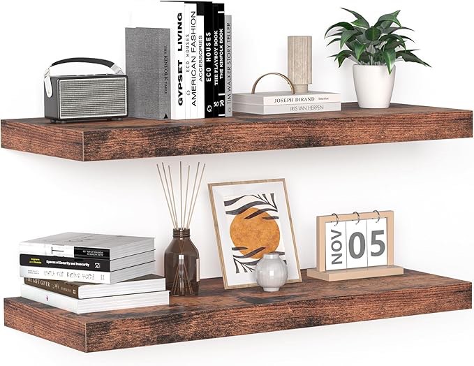 Floating Shelves - 2 Pack 9 Inch Rustic Wooden Wall Shelves - Extra Deeper & Thicker Wall Mounted Storage Shelf for Living Room, Kitchen, Farmhouse - 24" W x 9" D x 1.6" H - Rustic Brown