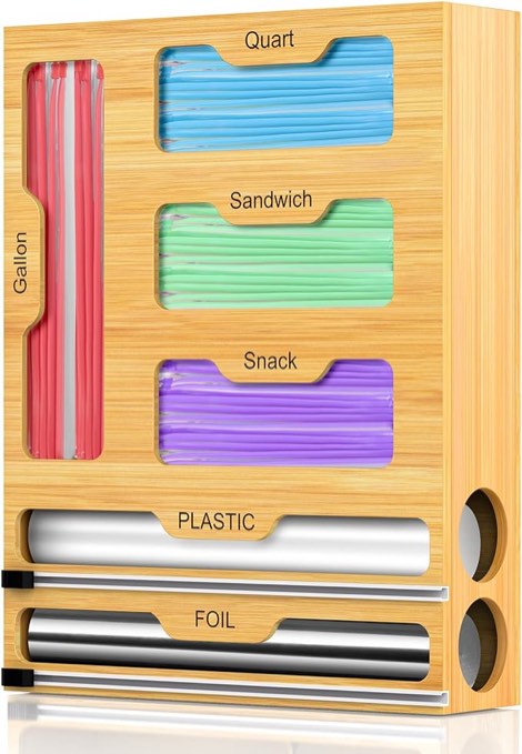 Bag Storage Organizer for Kitchen Drawer, 6 in 1 Foil and Plastic Wrap Dispenser with Cutter, Bamboo Plastic Bag Food Baggie Organizer for Gallon, Quart, Sandwich, Snack