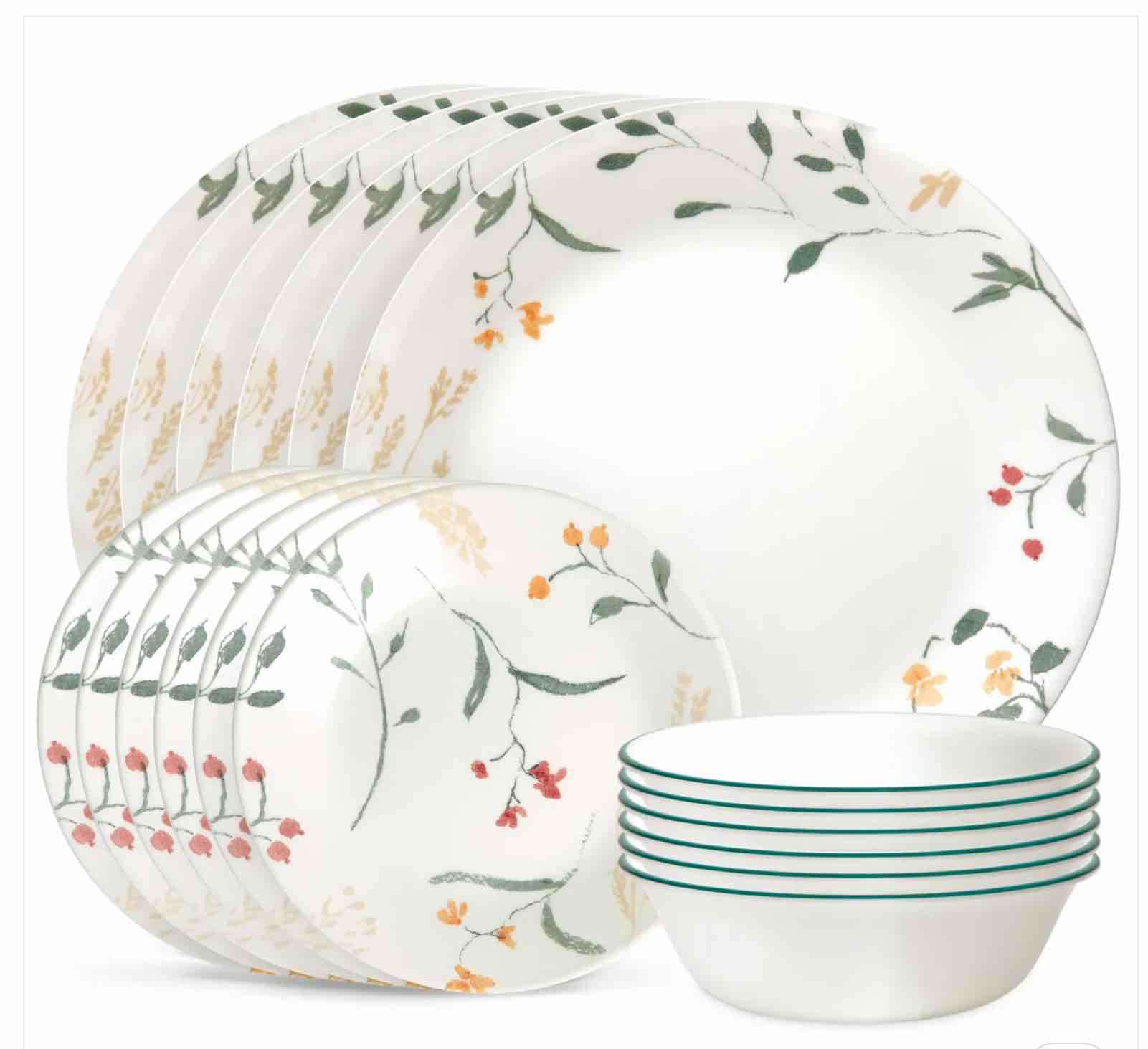 Corelle Vitrelle 18 Piece Glass Dinnerware Sets, Service for 6, Triple Layer Chip & Crack Resistant Glass Plate and Bowl Sets, Wildflower
