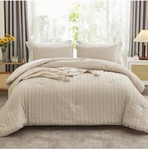 Beige Seersucker Queen Comforter Set (90X90 Inches), 3 Pieces-100% Soft Washed M