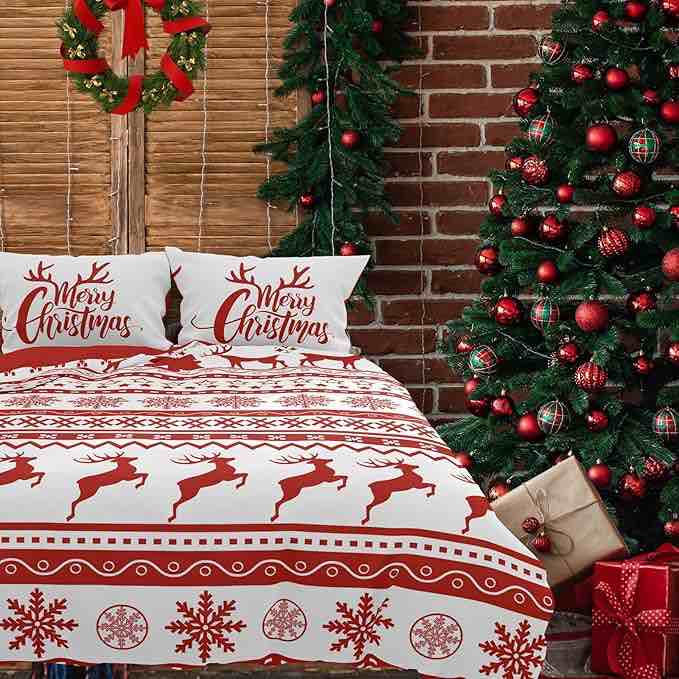 Christmas Duvet Cover King Size - Tree Reindeer Snowflakes Pattern Design Xmas Bedding Duvet Cover with Button Closure for Christmas New Year Holidays, 1 Duvet Cover and 2 Pillow Shams white gray red  104x90