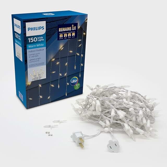 PHILIPS 150 LED Remains Lit Warm White Faceted Mini Icicle Lights on White Wire - 30 Drops - UL Listed for Indoor/Outdoor Use - 16.8' Length with 3" Bulb Spacing and 6" Drop Spacing - Winter Decor