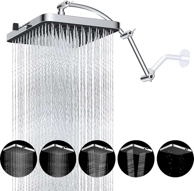 Hibbent Thickness Metal Rain Shower Head, 12 Inch High Pressure Shower Heads, Square Large Bathroom Rainfall Shower Head with Adjustable Brass Ball Joint, Waterfall Full Body Coverage, Chrome