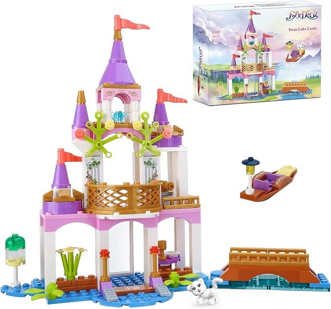 BRICK STORY Girls Princess Castle Building Set Pink Fairy Lake Castle with Golden Bridge and Canoe Building Blocks Toys Creative Castle Playset Toy Gift for Kids Girls Age 6-12 and up, 191 Pcs