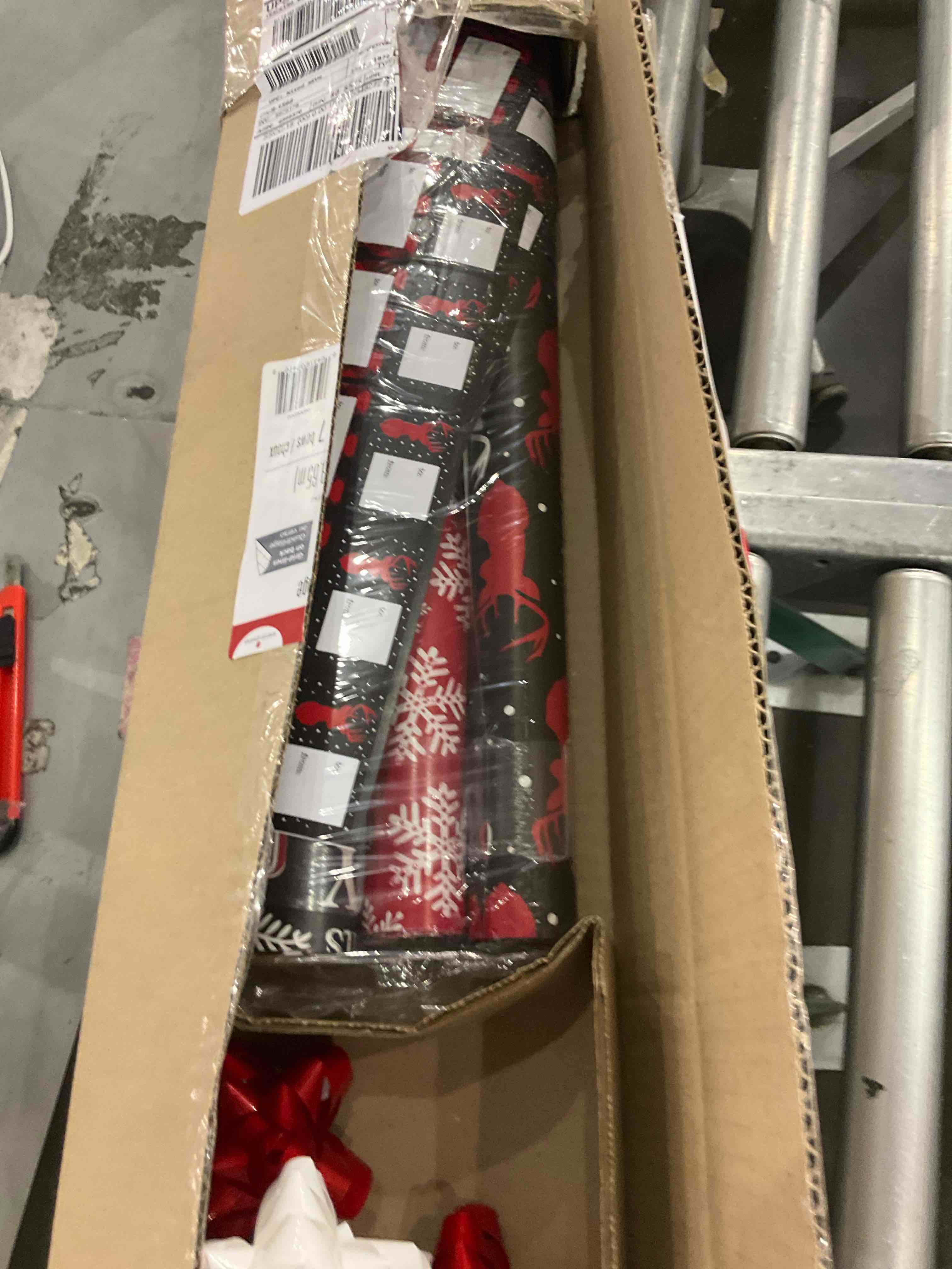 american greetings 120 sq. ft. red and black christmas wrapping paper set with cut lines (4 rolls 30 in. x 12 ft., 7 bows, 30 gift tags), christmas text, plaid, reindeer and snowflakes