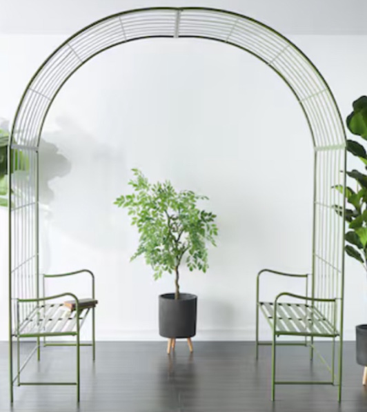 Grayson Lane 7-ft W x 9-ft H Arched Green with 2 Benches Steel Garden Arbor