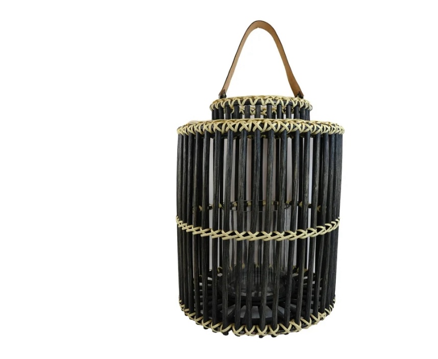 Rustic Western Farmhouse Black Rattan Wood Candle Holder Lantern W/ Hanger