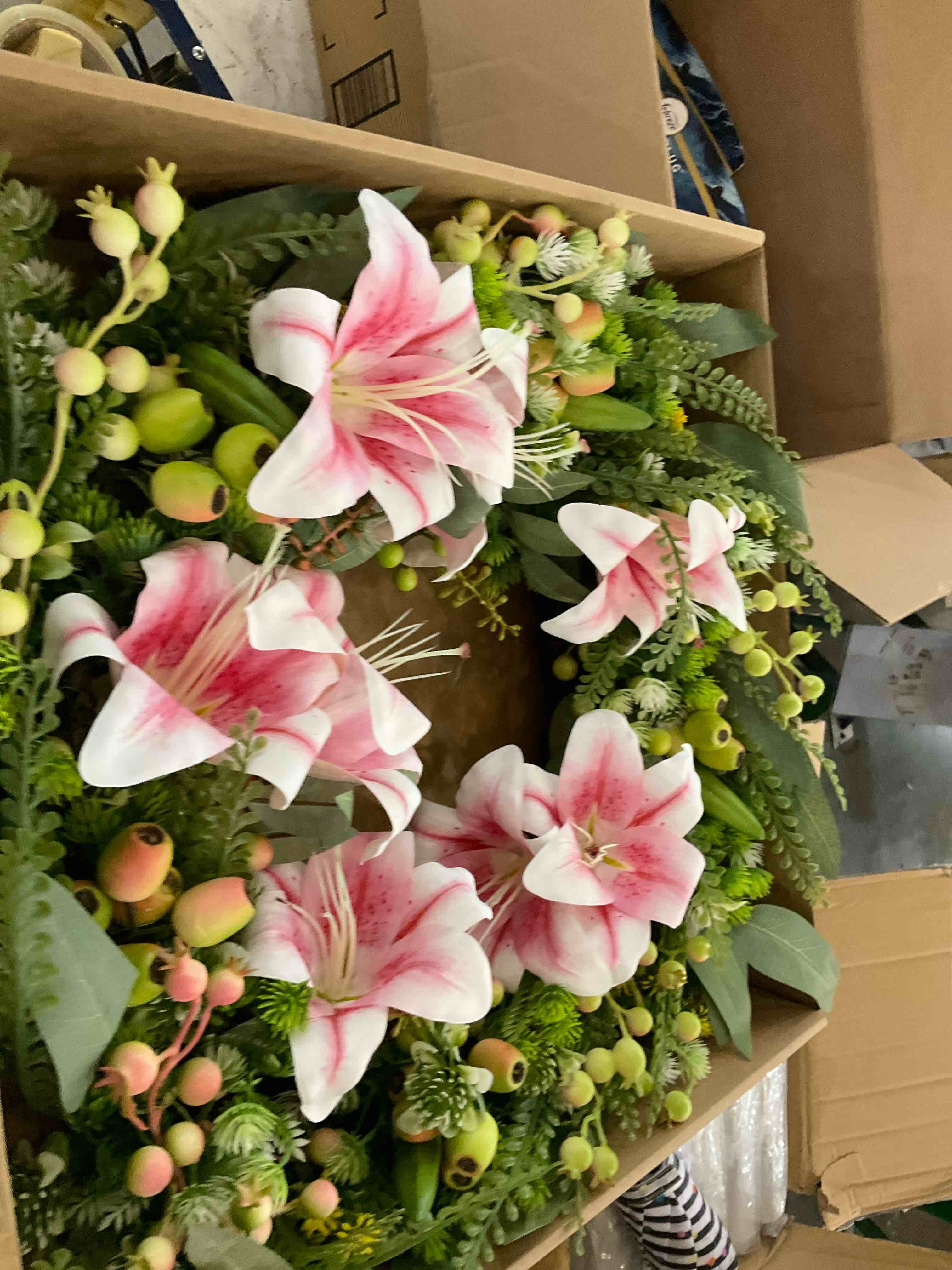 Wreaths for Front Door 24 Inch Spring Summer Wreath with Silk Pastel Lilies Purely Handmade Big Berries, Lily, Lily Bud, for Wedding, Party & Home - Farmhouse Style Year-Round Indoor/Outdoor Decor