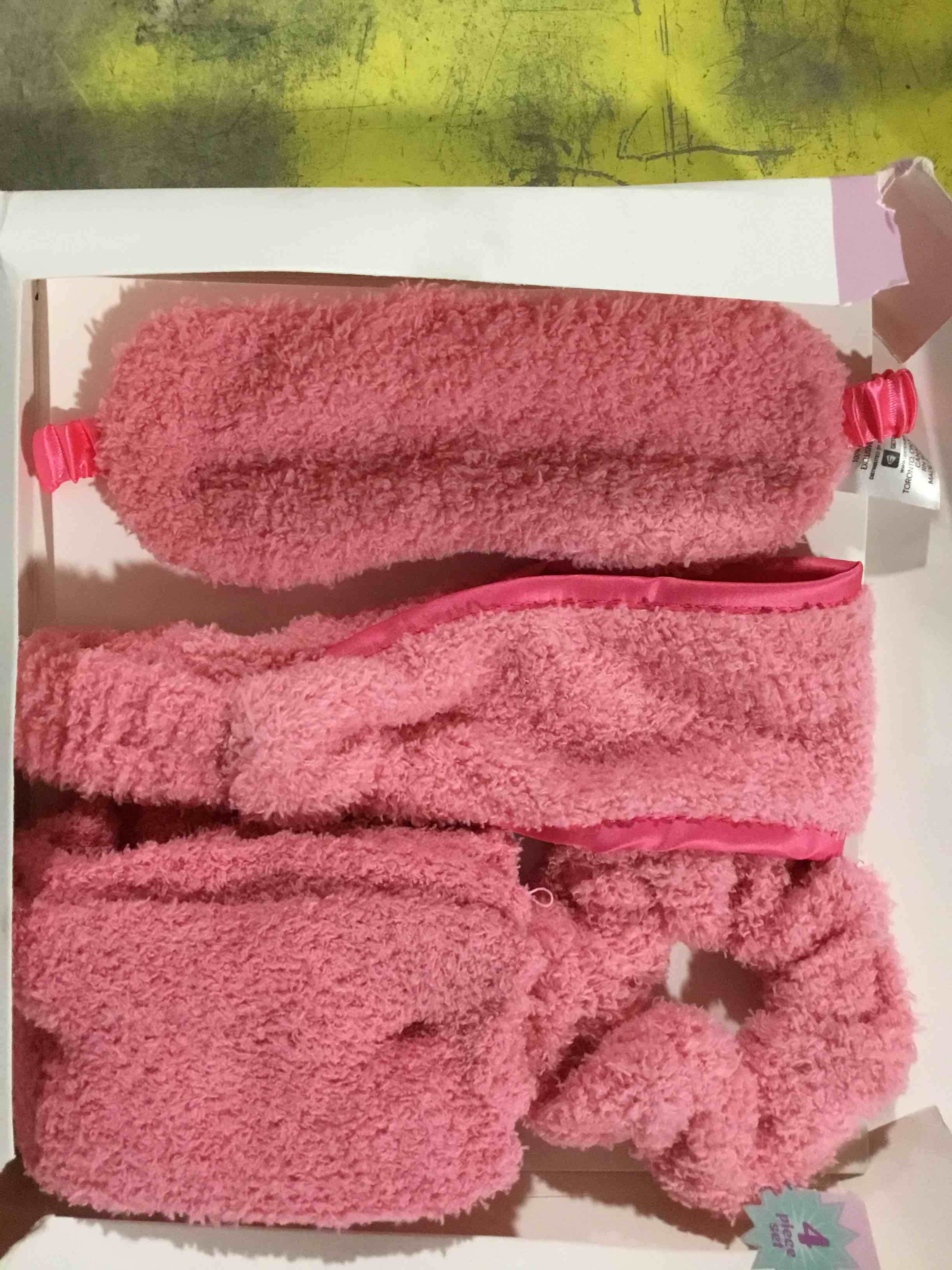 new 4 piece cozy set with sleep mask, headband, scrunchie crew socks lilac